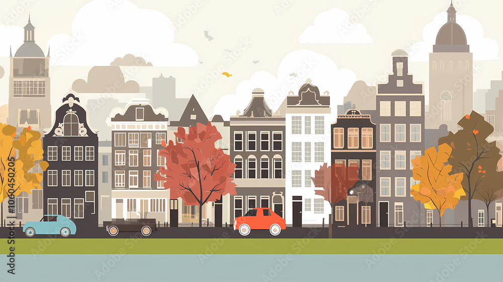 Fototapeta premium A flat design of the cityscape of Amsterdam with brown. There are several cars parked on both sides of the street under trees with colored leaves.