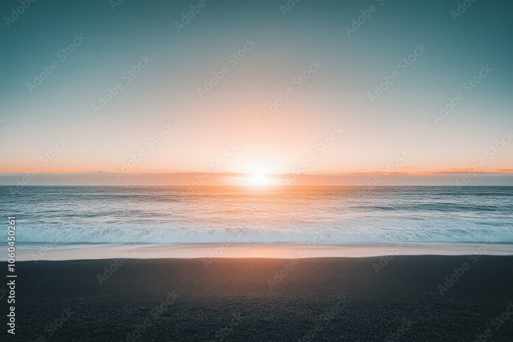 Fototapeta premium A serene sunset scene over the ocean on a cloudy day, perfect for travel or nature-themed projects. Beautiful simple AI generated image