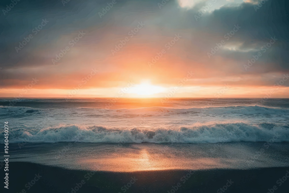 A serene sunset scene over the ocean on a cloudy day, perfect for travel or nature-themed projects. Beautiful simple AI generated image A serene sunset scene over the ocean on a cloudy day, perfect for travel or nature-themed projects. Beautiful simple AI generated image