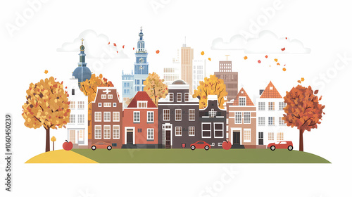 A flat design of the cityscape of Amsterdam with brown. There are several cars parked on both sides of the street under trees with colored leaves.