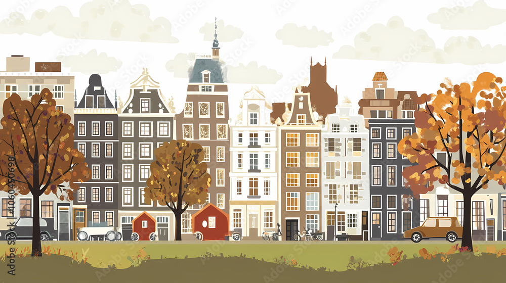 Fototapeta premium A flat design of the cityscape of Amsterdam with brown. There are several cars parked on both sides of the street under trees with colored leaves.