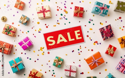 Gift Boxes and SALE Text Pile of colorful holiday gift boxes with a bold red "SALE" sign, set on a simple white background with scattered confetti