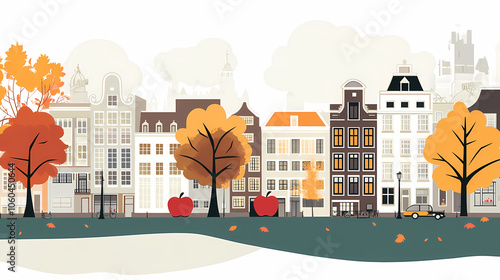 A flat design of the cityscape of Amsterdam with brown. There are several cars parked on both sides of the street under trees with colored leaves.