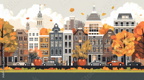 A flat design of the cityscape of Amsterdam with brown. There are several cars parked on both sides of the street under trees with colored leaves.