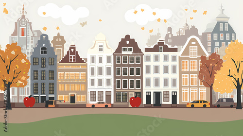A flat design of the cityscape of Amsterdam with brown. There are several cars parked on both sides of the street under trees with colored leaves.