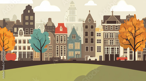 A flat design of the cityscape of Amsterdam with brown. There are several cars parked on both sides of the street under trees with colored leaves.