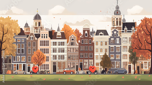 A flat design of the cityscape of Amsterdam with brown. There are several cars parked on both sides of the street under trees with colored leaves.