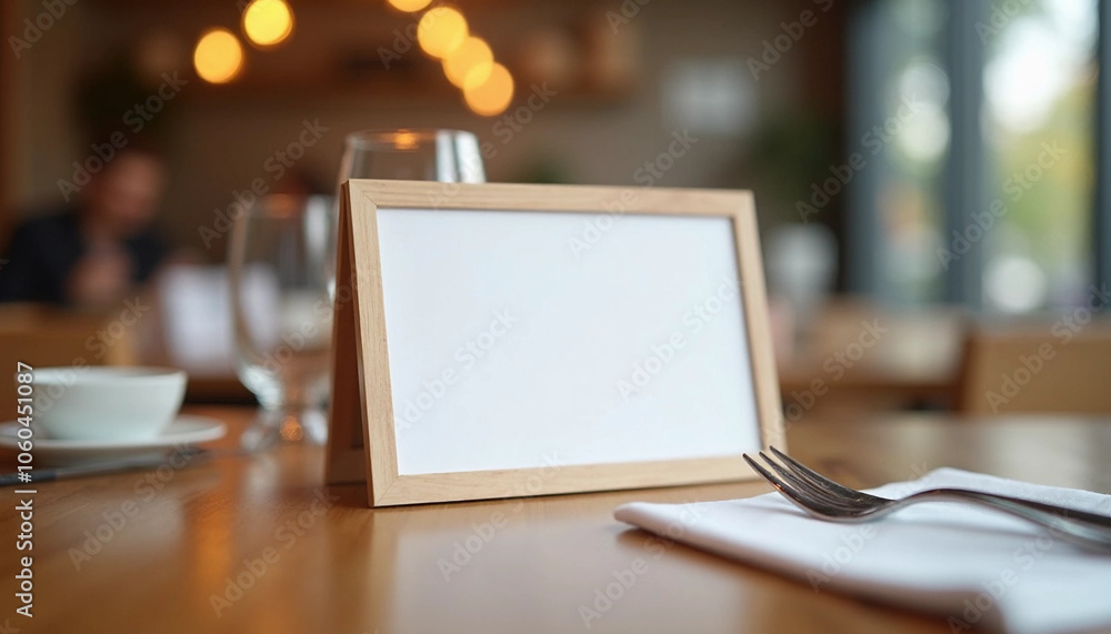 Empty wooden frame menu sign on a restaurant table with cutlery and modern decor, mokcup Empty wooden frame menu sign on a restaurant table with cutlery and modern decor, mokcup
