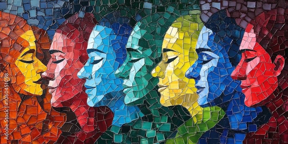 Naklejka premium Colorful mosaic portrait highlights vibrant human faces. This abstract art reflects diversity with multicolor patterns. Aesthetic craftsmanship and vivid expression make it a creative contemporary