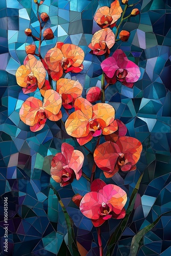 Vibrant orchids flourish amidst a colorful mosaic background showcasing the beauty of nature in abstract art photo