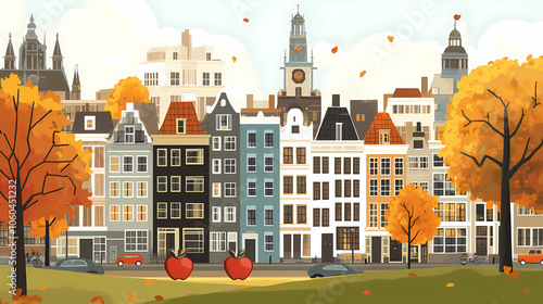 A flat design of the cityscape of Amsterdam with brown. There are several cars parked on both sides of the street under trees with colored leaves.