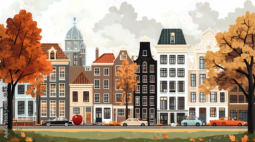 A flat design of the cityscape of Amsterdam with brown. There are several cars parked on both sides of the street under trees with colored leaves.