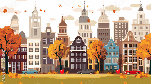 A flat design of the cityscape of Amsterdam with brown. There are several cars parked on both sides of the street under trees with colored leaves.