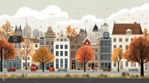 A flat design of the cityscape of Amsterdam with brown. There are several cars parked on both sides of the street under trees with colored leaves.