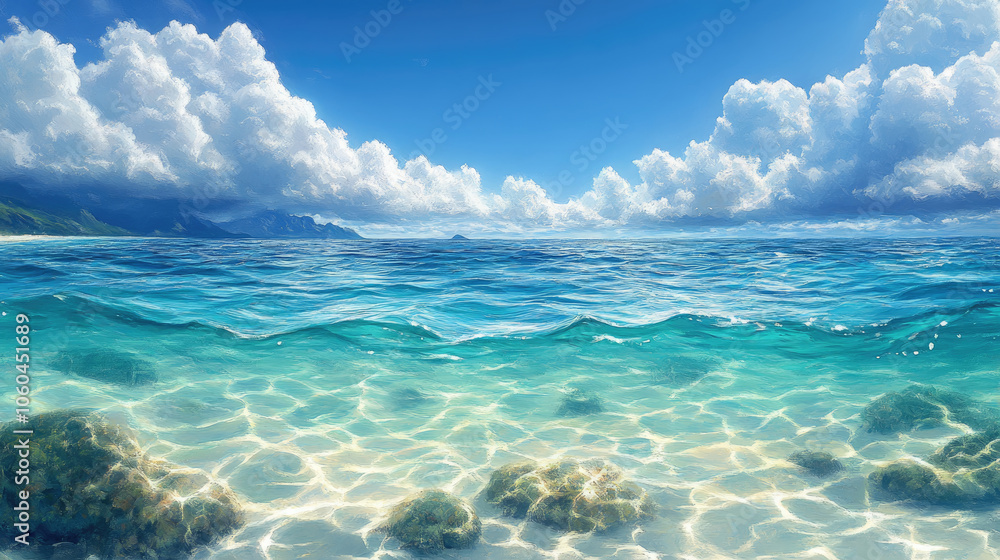 The turquoise waters shimmer under a clear blue sky, reflecting sunlight, while fluffy clouds drift overhead, creating a serene tropical atmosphere The turquoise waters shimmer under a clear blue sky, reflecting sunlight, while fluffy clouds drift overhead, creating a serene tropical atmosphere