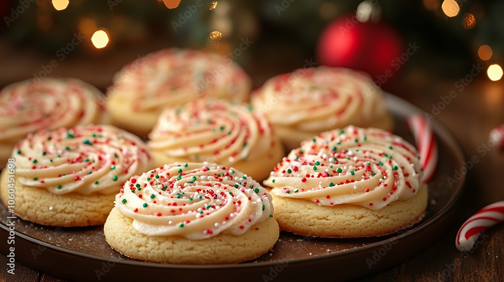 Festive sugar cookies with vibrant frosting, colorful sprinkles, and candy cane borders, displayed on a holiday platter with sparkling holiday decor in the background. Warm, festive light, Festive sugar cookies with vibrant frosting, colorful sprinkles, and candy cane borders, displayed on a holiday platter with sparkling holiday decor in the background. Warm, festive light,