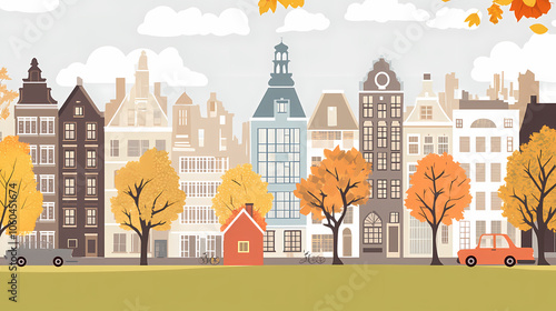 A flat design of the cityscape of Amsterdam with brown. There are several cars parked on both sides of the street under trees with colored leaves.