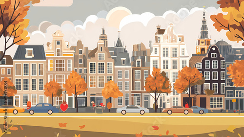 A flat design of the cityscape of Amsterdam with brown. There are several cars parked on both sides of the street under trees with colored leaves.