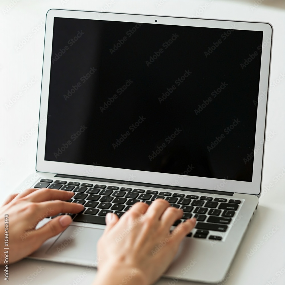 Showing a person's hands working on a computer with a blank screen on an office table. Businessman using notebook computer to work. Empty blank notebook screen. Showing a person's hands working on a computer with a blank screen on an office table. Businessman using notebook computer to work. Empty blank notebook screen.