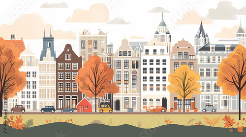 A flat design of the cityscape of Amsterdam with brown. There are several cars parked on both sides of the street under trees with colored leaves.