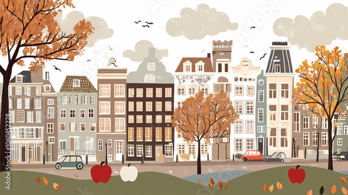 A flat design of the cityscape of Amsterdam with brown. There are several cars parked on both sides of the street under trees with colored leaves.