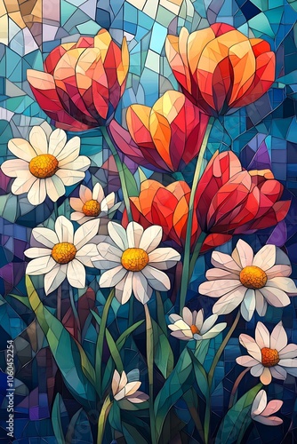 Wallpaper Mural Vibrant tulips and daisies flourish in a colorful stained glass garden enriching the visual harmony of nature's palette Torontodigital.ca