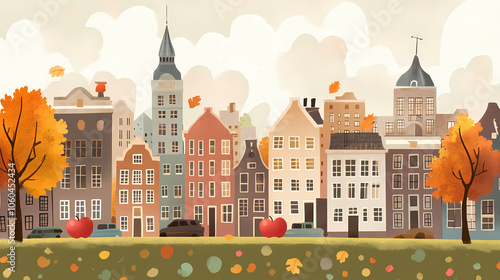 A flat design of the cityscape of Amsterdam with brown. There are several cars parked on both sides of the street under trees with colored leaves.