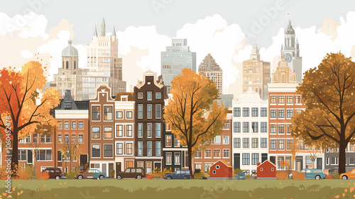 A flat design of the cityscape of Amsterdam with brown. There are several cars parked on both sides of the street under trees with colored leaves.