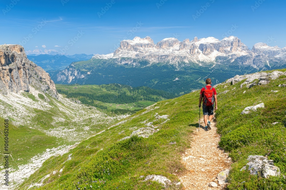 Rocky trail pathway with natural landscape view of snowcapped mountain range with cloudy blue sky- Himalayas ridge, Nepal. Beautiful simple AI generated image Rocky trail pathway with natural landscape view of snowcapped mountain range with cloudy blue sky- Himalayas ridge, Nepal. Beautiful simple AI generated image