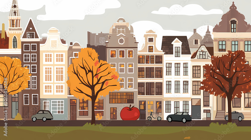 A flat design of the cityscape of Amsterdam with brown. There are several cars parked on both sides of the street under trees with colored leaves. A flat design of the cityscape of Amsterdam with brown. There are several cars parked on both sides of the street under trees with colored leaves.