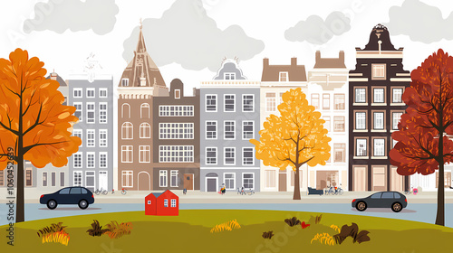 A flat design of the cityscape of Amsterdam with brown. There are several cars parked on both sides of the street under trees with colored leaves.