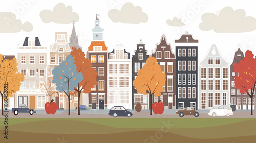 A flat design of the cityscape of Amsterdam with brown. There are several cars parked on both sides of the street under trees with colored leaves.