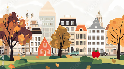 A flat design of the cityscape of Amsterdam with brown. There are several cars parked on both sides of the street under trees with colored leaves.