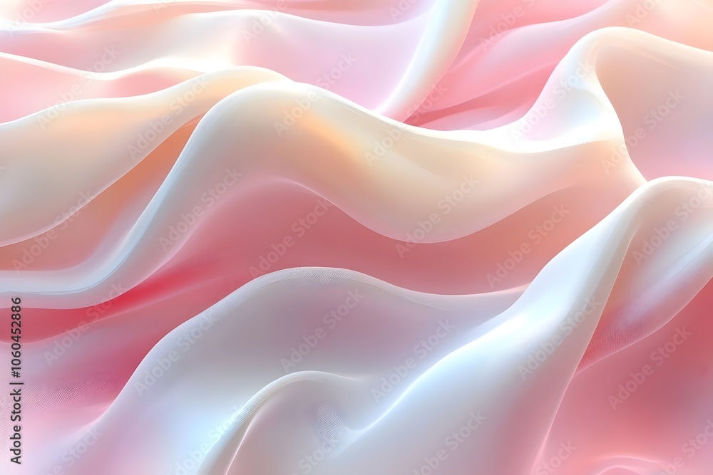 Obraz premium An abstract close-up of flowing fabric in soft shades of pink and white, creating a dreamy and serene atmosphere with gentle curves and waves that evoke tranquility.
