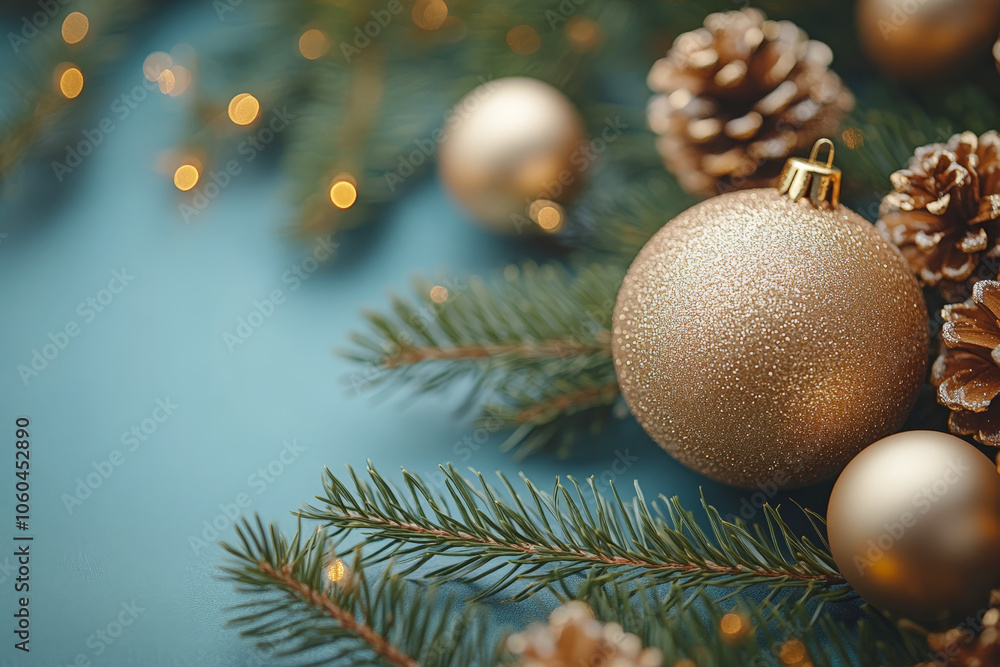 A festive Christmas scene featuring gold ornaments and pine branches on a blue background, creating a vibrant holiday composition perfect for seasonal greetings or festive designs. A festive Christmas scene featuring gold ornaments and pine branches on a blue background, creating a vibrant holiday composition perfect for seasonal greetings or festive designs.
