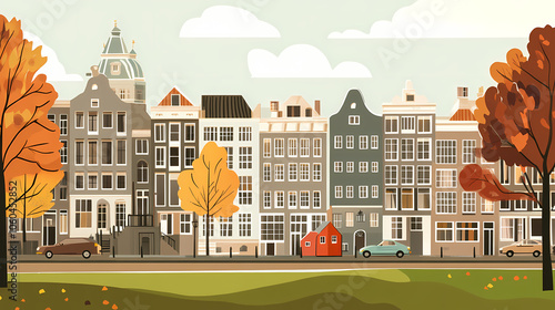 A flat design of the cityscape of Amsterdam with brown. There are several cars parked on both sides of the street under trees with colored leaves.