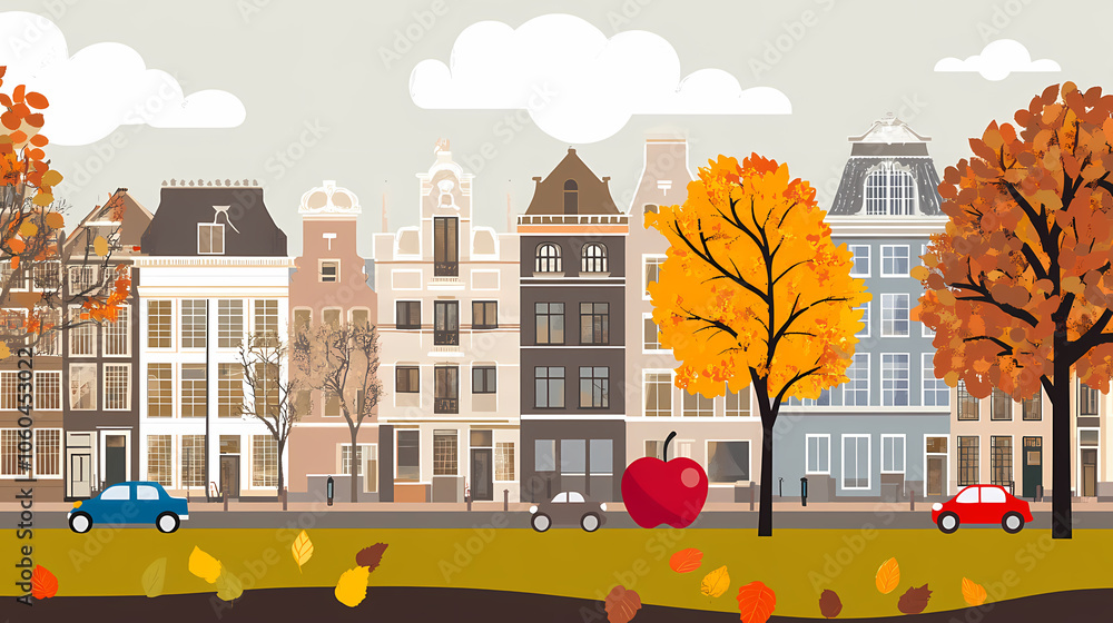 Naklejka premium A flat design of the cityscape of Amsterdam with brown. There are several cars parked on both sides of the street under trees with colored leaves.