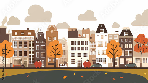 A flat design of the cityscape of Amsterdam with brown. There are several cars parked on both sides of the street under trees with colored leaves.