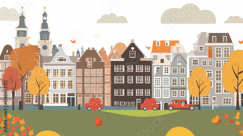 A flat design of the cityscape of Amsterdam with brown. There are several cars parked on both sides of the street under trees with colored leaves.