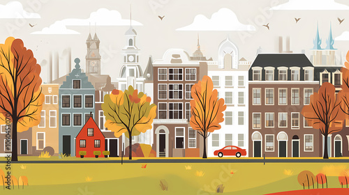 A flat design of the cityscape of Amsterdam with brown. There are several cars parked on both sides of the street under trees with colored leaves.
