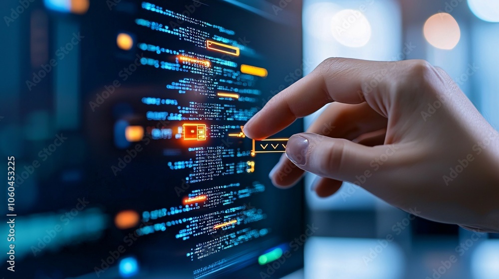 A hand interacts with digital code on a screen, showcasing programming and technology in a modern workspace. A hand interacts with digital code on a screen, showcasing programming and technology in a modern workspace.