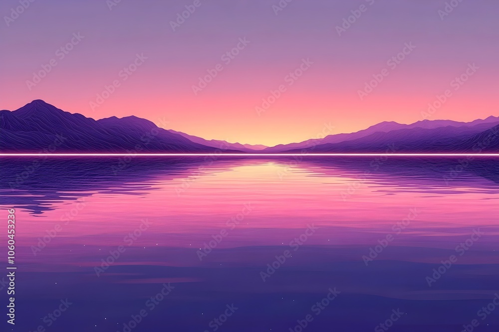 A serene landscape at sunset, showcasing tranquil waters reflecting vibrant hues of purple and pink, with rugged mountains in the distance creating a peaceful atmosphere. A serene landscape at sunset, showcasing tranquil waters reflecting vibrant hues of purple and pink, with rugged mountains in the distance creating a peaceful atmosphere.