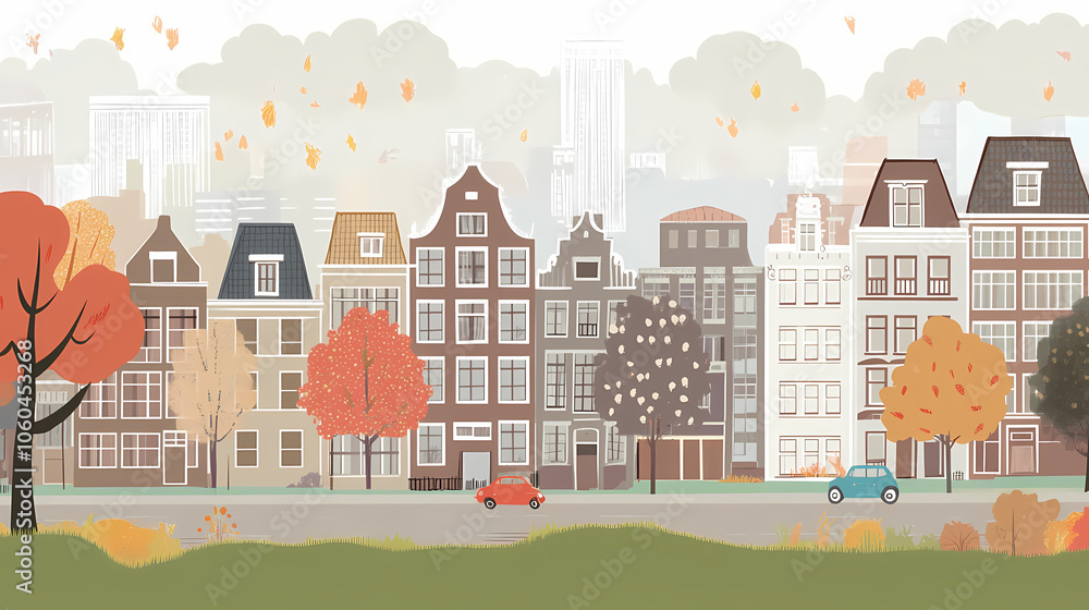 A flat design of the cityscape of Amsterdam with brown. There are several cars parked on both sides of the street under trees with colored leaves. A flat design of the cityscape of Amsterdam with brown. There are several cars parked on both sides of the street under trees with colored leaves.