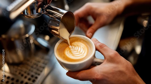 A barista pouring steamed milk into a cup of espresso, creating intricate latte art in a cafe setting.