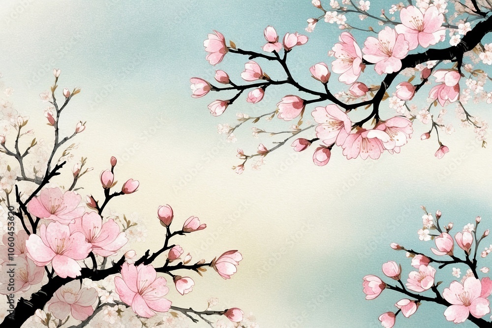Cherry blossoms in Nihonga style. Created with generative AI technology Cherry blossoms in Nihonga style. Created with generative AI technology