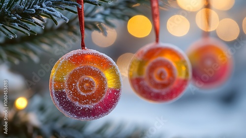 Tree ornaments made from rainbow-colored gumdrops and red licorice spirals, set against twinkling lights and holiday garlands. Soft focus on tree background, detailed candy textures, photo