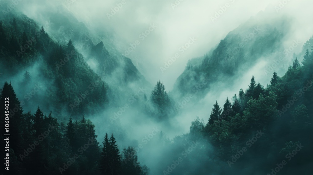 Misty mountain landscape with dense greenery and mystical fog covering the hills. Misty mountain landscape with dense greenery and mystical fog covering the hills.