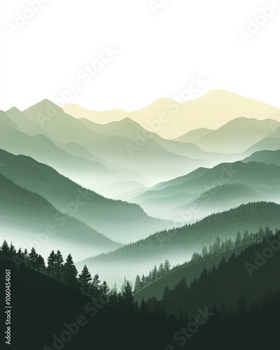 Misty mountain landscape with layered hills and evergreen trees, serene nature scene.