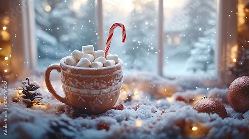 A charming holiday display with a hot cocoa mug topped with marshmallows and a candy cane stirrer, surrounded by a snowy forest backdrop visible through the window. Cozy lighting, photo