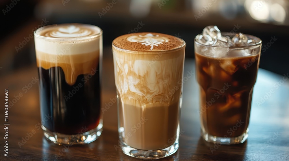 A close-up of different coffee drinks, including espresso, cappuccino, and iced coffee, arranged on a cafe table. A close-up of different coffee drinks, including espresso, cappuccino, and iced coffee, arranged on a cafe table.